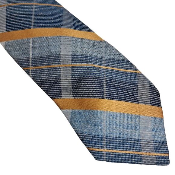 Other - Handmade Vintage Plaid Necktie Blue Yellow Textured Polyester 3x58 Elegant Party